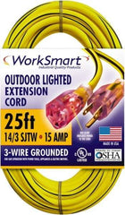 Value Collection - 25', 14/3 Gauge/Conductors, Yellow/Black Outdoor Extension Cord - 1 Receptacle, 15 Amps, UL SJTW, NEMA 5-15P - Industrial Tool & Supply