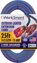 Value Collection - 25', 14/3 Gauge/Conductors, Blue/Red Outdoor Extension Cord - 1 Receptacle, 15 Amps, UL SJTW, NEMA 5-15P - Industrial Tool & Supply
