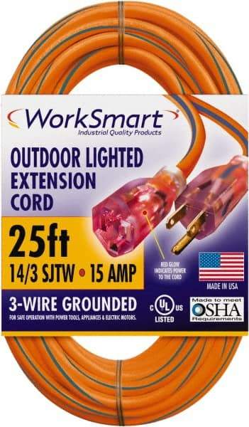 Value Collection - 25', 14/3 Gauge/Conductors, Orange/Blue Outdoor Extension Cord - 1 Receptacle, 15 Amps, UL SJTW, NEMA 5-15P - Industrial Tool & Supply
