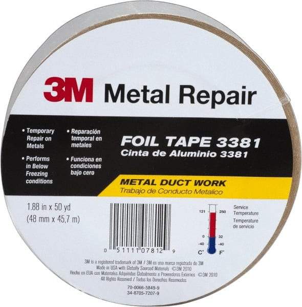 3M - 2" x 50 Yds Silver Foil Tape - 2.7 mil, Acrylic Adhesive, Aluminum Foil Backing, 10 Lb/ln Tensile Strength, -30°F to 260°F, Series 3381 - Industrial Tool & Supply