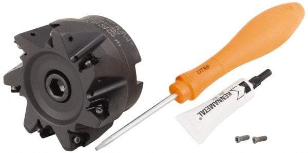 Kennametal - 7 Inserts, 3.1492" Cutter Diam, 0.059" Max Depth of Cut, Indexable High-Feed Face Mill - 1.064" Arbor Hole Diam, 1.969" High, KF2X Toolholder, WOEJ 0905.. Inserts, Series KenFeed 2X - Industrial Tool & Supply