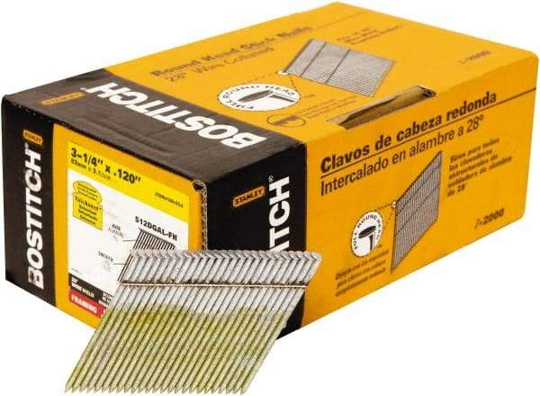 Stanley Bostitch - 11 Gauge 0.12" Shank Diam 3-1/4" Long Framing Nails for Power Nailers - Steel, Galvanized Finish, Smooth Shank, Angled Stick Wire Collation, Round Head, Diamond Point - Industrial Tool & Supply