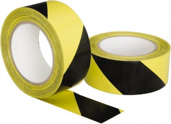Ability One - Black & Yellow Striped Vinyl Tape - 2" Wide x 108' Long, General Traffic - Industrial Tool & Supply