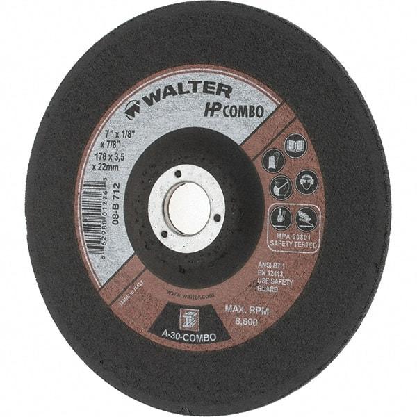 Value Collection - 30 Grit, 7" Wheel Diam, 1/8" Wheel Thickness, 7/8" Arbor Hole, Type 27 Depressed Center Wheel - Aluminum Oxide, Resinoid Bond, 8,600 Max RPM - Industrial Tool & Supply