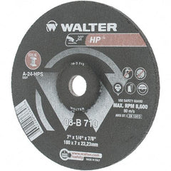 Value Collection - 24 Grit, 7" Wheel Diam, 1/4" Wheel Thickness, 7/8" Arbor Hole, Type 27 Depressed Center Wheel - Aluminum Oxide, Resinoid Bond, 8,600 Max RPM - Industrial Tool & Supply