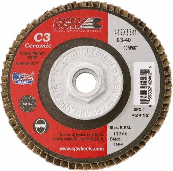 Camel Grinding Wheels - 36 Grit, 7" Disc Diam, 5/8-11 Center Hole, Type 29 Ceramic Flap Disc - 8,600 Max RPM, Polyester Backing, Arbor Attaching System, Coated - Industrial Tool & Supply