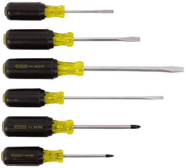 Stanley - 6 Piece Cabinet, Phillips & Slotted Screwdriver Set - Blade Sizes: Length 3, 4 & 6, Width 1/4, 5/16 & 3/16, Bit Sizes: Philips #1 to #2 - Industrial Tool & Supply