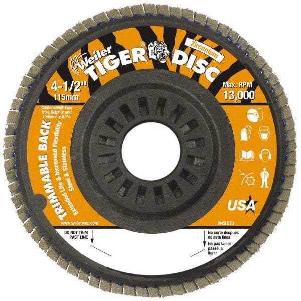 Weiler - 60 Grit, 4-1/2" Disc Diam, 7/8" Center Hole, Type 29 Zirconia Alumina Flap Disc - 13,000 Max RPM, Plastic Backing, Arbor Attaching System, Coated - Industrial Tool & Supply
