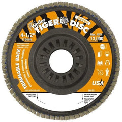Weiler - 60 Grit, 4-1/2" Disc Diam, 7/8" Center Hole, Type 29 Zirconia Alumina Flap Disc - 13,000 Max RPM, Plastic Backing, Arbor Attaching System, Coated - Industrial Tool & Supply