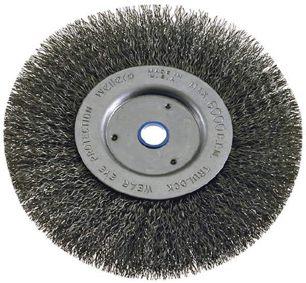 Weiler - 6" OD, 2" Arbor Hole, Crimped Steel Wheel Brush - 1-1/4" Face Width, 1-1/8" Trim Length, 0.008" Filament Diam, 6,000 RPM - Industrial Tool & Supply