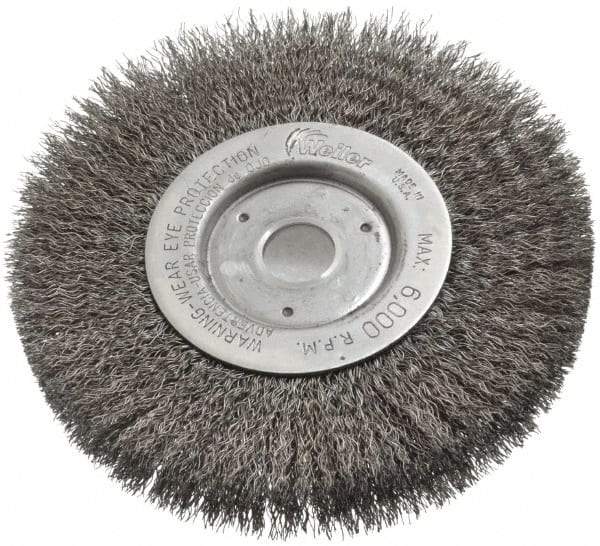 Weiler - 6" OD, 3/4" Arbor Hole, Crimped Steel Wheel Brush - 1/2" Face Width, 1-7/16" Trim Length, 0.0118" Filament Diam, 6,000 RPM - Industrial Tool & Supply