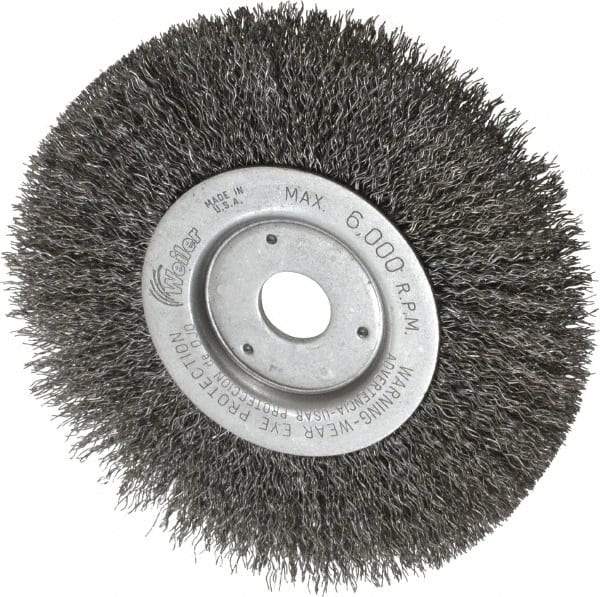 Weiler - 6" OD, 3/4" Arbor Hole, Crimped Wheel Brush - 1/2" Face Width, 1-7/16" Trim Length, 0.014" Filament Diam, 6,000 RPM - Industrial Tool & Supply