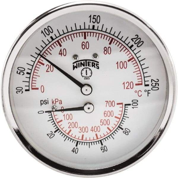 Winters - 3" Dial, 1/2 Thread, 0-100 Scale Range, Pressure Gauge - Center Back Connection Mount, Accurate to 0.03% of Scale - Industrial Tool & Supply