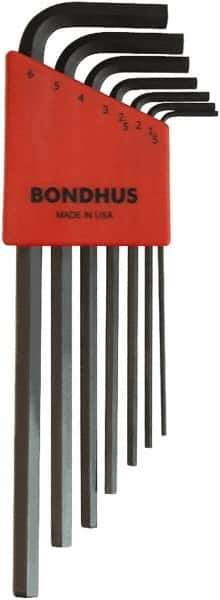 Bondhus - 7 Piece L-Key Ball End Hex Key Set - Hex Range 1.5 to 6mm, 8-3/4" OAL, Protanium High Torque Steel - Industrial Tool & Supply
