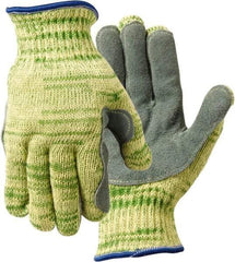 Whizard - Size S (7), ANSI Cut Lvl 5, Split Back/Grain Palm Stainless Steel Cut & Puncture Resistant Gloves - 13" Long, Knit Wrist, Yellow/Green, Paired - Industrial Tool & Supply