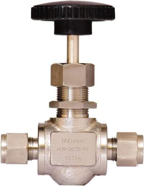 Brennan - 3/8" Pipe, Straight Needle Valve - PTFE Seal, Tube Ends, Stainless Steel Valve, 6,000 Max psi - Industrial Tool & Supply