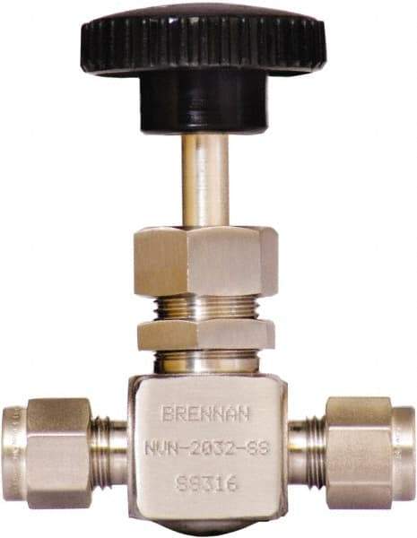 Brennan - 1/4" Pipe, Straight Needle Valve - PTFE Seal, Tube Ends, Stainless Steel Valve, 6,000 Max psi - Industrial Tool & Supply
