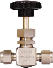 Brennan - 1/4" Pipe, Straight Needle Valve - PTFE Seal, Tube Ends, Stainless Steel Valve, 6,000 Max psi - Industrial Tool & Supply