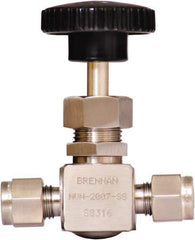 Brennan - 1/4" Pipe, Straight Needle Valve - PTFE Seal, Tube Ends, Stainless Steel Valve, 6,000 Max psi - Industrial Tool & Supply