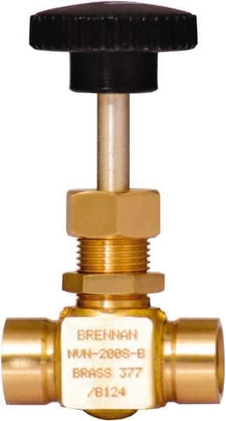 Brennan - 1/4" Pipe, Straight Needle Valve - PTFE Seal, NPT Ends, Brass Valve, 3,000 Max psi - Industrial Tool & Supply