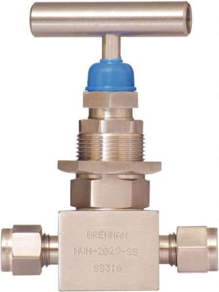 Brennan - 3/8" Pipe, Straight Needle Valve - PTFE Seal, NPT Ends, Stainless Steel Valve, 6,000 Max psi - Industrial Tool & Supply