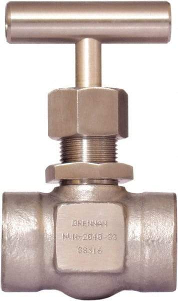 Brennan - 1/2" Pipe, Straight Needle Valve - PTFE Seal, NPT Ends, Stainless Steel Valve, 6,000 Max psi - Industrial Tool & Supply