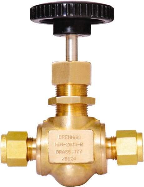 Brennan - 3/8" Pipe, Straight Needle Valve - PTFE Seal, Tube Ends, Brass Valve, 3,000 Max psi - Industrial Tool & Supply