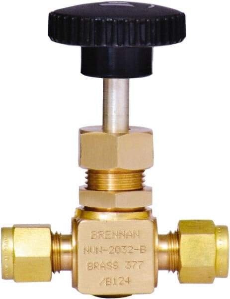 Brennan - 1/4" Pipe, Straight Needle Valve - PTFE Seal, Tube Ends, Brass Valve, 3,000 Max psi - Industrial Tool & Supply