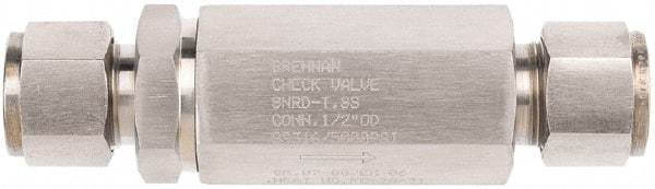 Brennan - 1/2" Stainless Steel Check Valve - Check Valve, Tube Ends, 6,000 WOG - Industrial Tool & Supply