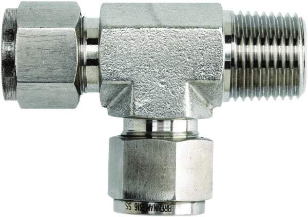 Brennan - 1/4" OD, Stainless Steel Male Run Tee - Comp x MNPT x Comp Ends - Industrial Tool & Supply