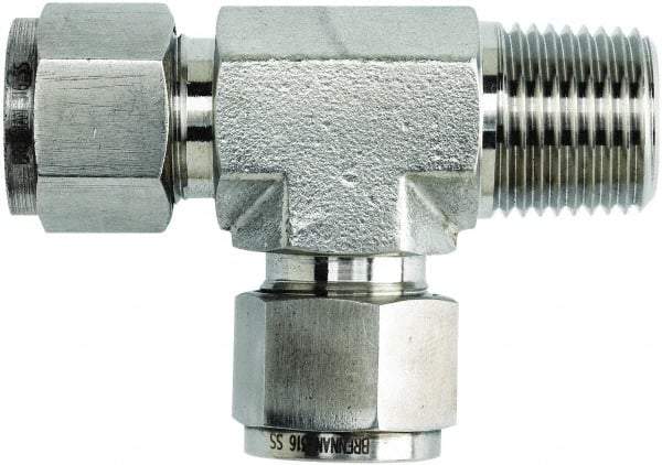 Brennan - 1/2" OD, Stainless Steel Male Run Tee - Comp x MNPT x Comp Ends - Industrial Tool & Supply