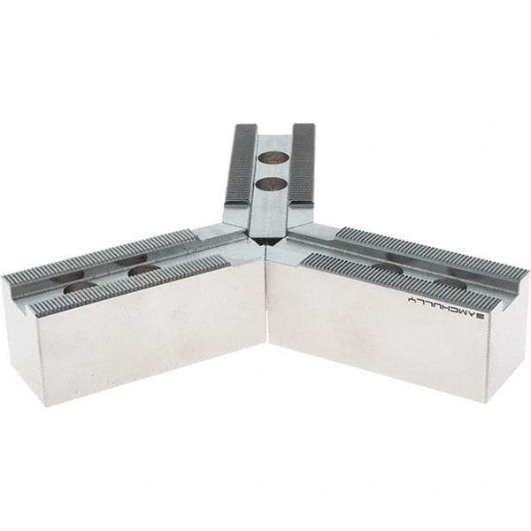 Samchully - 210mm Max Chuck Capacity, 1.5mm x 60° Serrated Interface, Round Soft Lathe Chuck Jaw - 3 Jaw, Steel, 25mm Btw Mount Hole Ctrs, 95mm Long, 35mm Wide, 38mm High, 14mm Groove, M12mm Fastener - Industrial Tool & Supply