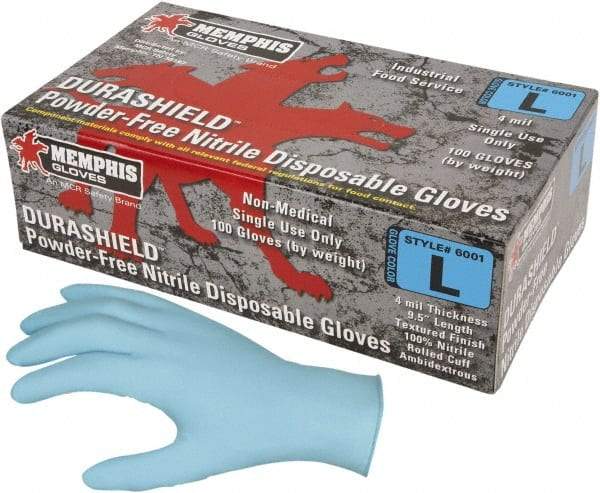 MCR Safety - Size 3XL, 4 mil, Industrial Grade, Powder Free Nitrile Disposable Gloves - 9-1/2" Long, Blue, Textured Rolled Cuffs, FDA Approved, Ambidextrous - Industrial Tool & Supply