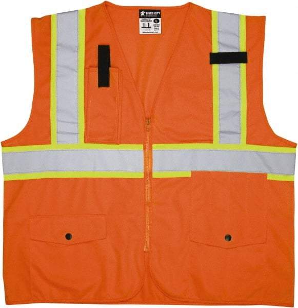 MCR Safety - Size L High Visibility Orange Mesh Surveyor's Vest - 24.4" Chest, ANSI 107-2015, Zipper Closure, 8 Pockets, Polyester - Industrial Tool & Supply