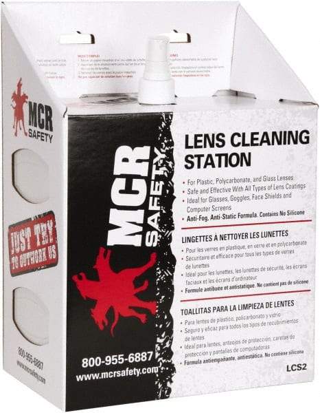 MCR Safety - 9 Inch Wide x 5-1/2 Inch High x 12 Inch Deep, Cardboard Lens Cleaning Station - 1 Pump, 16 Ounce Capacity Pump, 1,200 Towelettes, Disposable Station - Industrial Tool & Supply