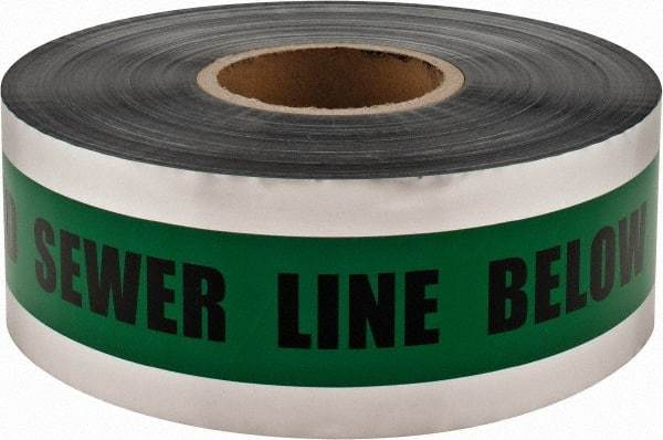 PRO-SAFE - Caution: Buried Sewer Line Below, Detectable Underground Tape - 1,000 Ft. Long x 3 Inch Wide Roll, Polyethylene on Aluminum, 5 mil Thick, Green - Industrial Tool & Supply