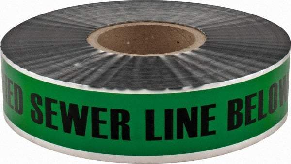 PRO-SAFE - Caution: Buried Sewer Line Below, Detectable Underground Tape - 1,000 Ft. Long x 2 Inch Wide Roll, Polyethylene on Aluminum, 5 mil Thick, Green - Industrial Tool & Supply