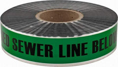 PRO-SAFE - Caution: Buried Sewer Line Below, Detectable Underground Tape - 1,000 Ft. Long x 2 Inch Wide Roll, Polyethylene on Aluminum, 5 mil Thick, Green - Industrial Tool & Supply