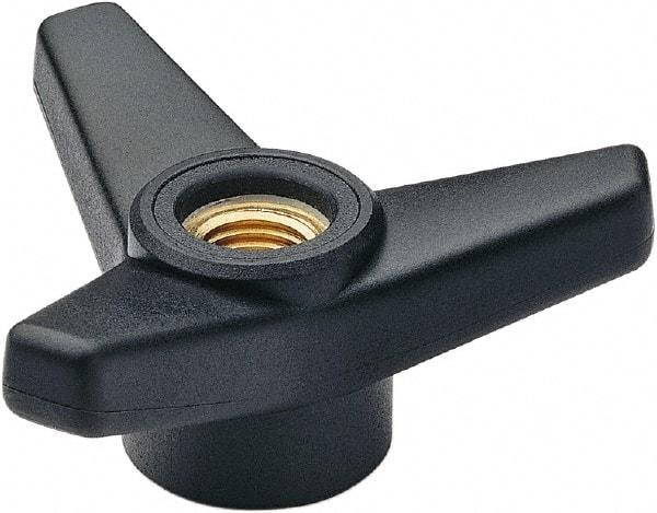 Elesa - 3-1/8" Head Diam, 1.375" High, Glass Fibre Reinforced Technopolymer 3 Arm Knob - 1/2-13 Stem, 1-1/4" Hub Diam, 1.18 Head Height, Thru Female Insert Style, 1-1/4 Hole Depth, Black - Industrial Tool & Supply