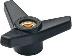 Elesa - 2-1/2" Head Diam, 5/16-18 Hole, 1.375" High, Glass Fibre Reinforced Technopolymer 3 Arm Knob - 1" Hub Diam, 0.98 Head Height, Thru Female Insert Style, 13/16 Hole Depth, Black - Industrial Tool & Supply