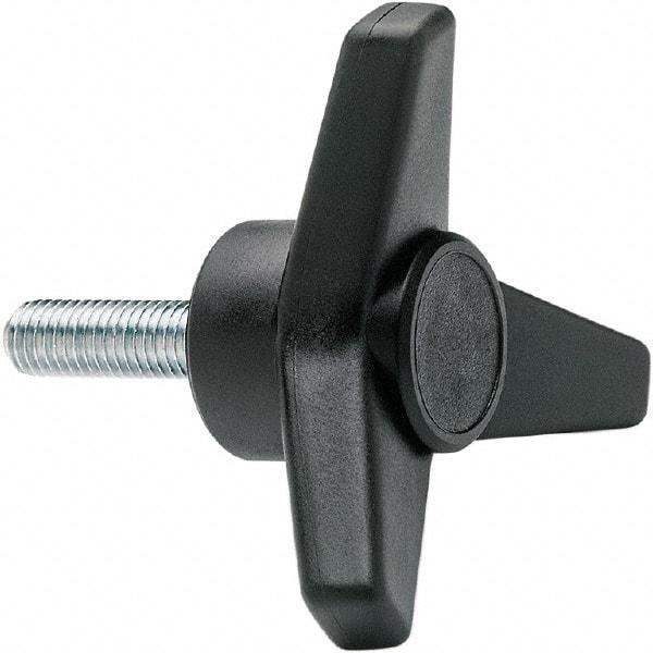 Elesa - 1-3/4" Head Diam, 1" High, 3/4" Long Thread, Glass Fibre Reinforced Technopolymer 3 Arm Knob - 3/8-16 Stem, 3/4" Hub Diam, 0.98 Head Height, Threaded Stem Style, Black - Industrial Tool & Supply