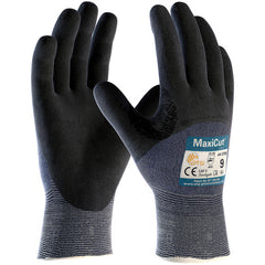 ‎44-3755/M Gloves for Cut Protection - MaxiCut Ultra - Blue 15G Eng Yarn - Black 3/4 Dip MicroFoam Nitrile - A3 - Exact Industrial Supply