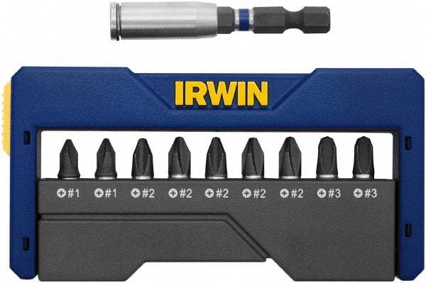 Irwin - 10 Piece, 1/4" Drive Screwdriver Insert Hex Bit Set - #1, #2 & #3 Phillips - Industrial Tool & Supply