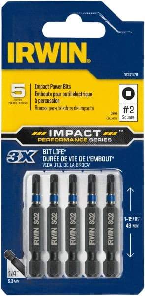Irwin - #2" Square Size Square Recess Bit - 1/4" Hex Drive, 2" OAL - Industrial Tool & Supply
