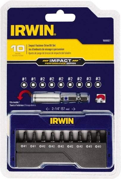 Irwin - 10 Piece, Screwdriver Insert Bit Set - #1 to #3 Square Recess - Industrial Tool & Supply