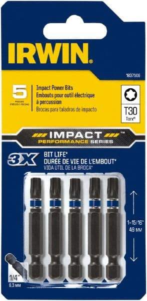 Irwin - T30 Torx Bit - 1/4" Hex Drive, 2" OAL - Industrial Tool & Supply