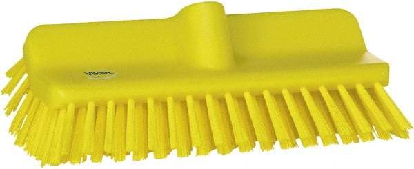 Vikan - 1-1/2" Bristle Length, Polyester Cleaning & Finishing Brush - 9-5/8" Long x 5" Wide Head, 10" OAL, European Threaded Handle, Yellow, Polypropylene Block - Industrial Tool & Supply