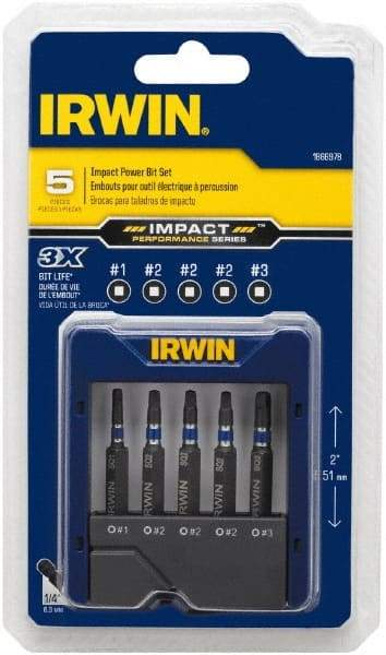 Irwin - 5 Piece, Screwdriver Power Bit Set - #1 to #3 Square Recess - Industrial Tool & Supply