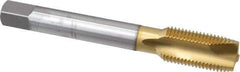 OSG - 1/2-20 UNF, 3 Flute, TiN Finish, High Speed Steel Spiral Point Tap - Plug Chamfer, Right Hand Thread, 3-3/8" OAL, 1-21/32" Thread Length, 0.367" Shank Diam, 3B Class of Fit, Series 105 - Exact Industrial Supply