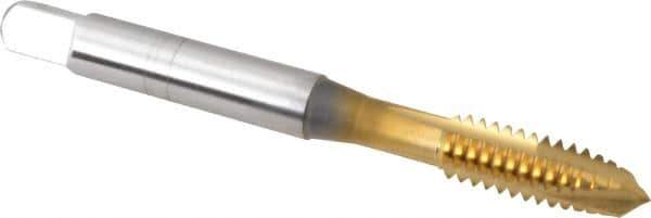 OSG - 1/4-20 UNC, 3 Flute, TiN Finish, High Speed Steel Spiral Point Tap - Plug Chamfer, Right Hand Thread, 2-1/2" OAL, 1" Thread Length, 0.255" Shank Diam, 3B Class of Fit, Series 105 - Exact Industrial Supply